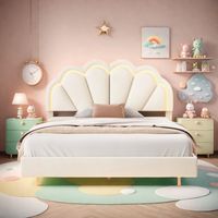 Cama individelal 140x200 cm, cama infantil, cama dobel, con iluminación LED, cabecero en forma de concha, terciopelo, somier de láminas, cama de adellto, cama de princesa, Beige