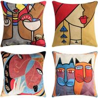 Set aus 4 dekorativen Kissenbezügen im Picasso-Stil, 45 x 45 cm, für Sofa oder Wohnzimmer, modernes künstlerisches Motiv, strapazierfähige Baumwolle-Polyester-Mischung