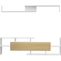 Mensola a Muro TV mobile avec étagères ouvertes et armoire en bois, blanc et bois naturel