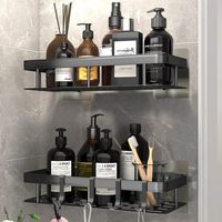 Lot de 2 étagères de douche sans perçage – Aluminium anodisé – Support auto-adhésif avec 4 crochets – Pour salle de bain et cuisine, 30×13×5cm