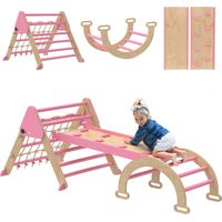 Triangle d'escalade enfant 8-en-1, rampe double face, arc en bois avec toboggan et échelle, structure Montessori, jeu moteur pour tout-petits, rose.