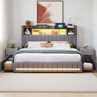 Lit rembourré 140 x 200 cm, Lit double avec éclairage LED et chargement USB, Lit double capitonné avec 4 tiroirs, Lin, Gris