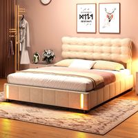 Letto matrimoniale 140x200 cm, 2 posti, con LED a induzione, spazio di archiviazione, rete a doghe in legno, struttura in metallo, letto capitonnè in velluto - Beige