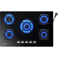 Plaque de cuisson gaz 5 foyers 77 x 51 cm – Puissance totale 12.5 kW – Verre trempé et grilles en fonte – Allumage par impulsion