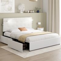 Cama doble MAEL de 140 x 190 cm con cabecero tapizado en PVC blanco, luces de lectura integradas y base y 2 cajones con ruedas