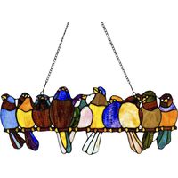 River of Goods Stained Glass Window Panel with Birds on a Wire, 9.5" Tall, Multicolor