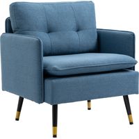 Fauteuil scandinave capitonné tissu bleu passepoil pieds métal noir et or 72 x 70 x 80 cm