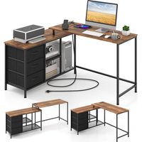 Costway – Bureau d'angle convertible en L 140 cm – Multiprise 2 prises et 2 USB – 3 tiroirs en tissu – Étagères de rangement – Assemblage facile