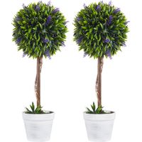 Set 2 Piante Artificiali Verdi a Sfera con Fiori di Lavanda e Vaso con Muschio e Cemento, Ø24x60 cm