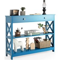 COSTWAY Table Console à 3 Niveaux, Console Entrée 1 Tiroir et 2 Étagères, Cadre en X, Console Meuble Bois pour Couloir, Salon, Entrée, 100x30x80CM Bleu
