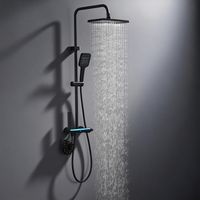 Columna de Ducha Negra con LED y Pantalla Digital, Conjunto Regulable en Altura de 4 Funciones con Estante de Almacenamiento Integrado, de Latón