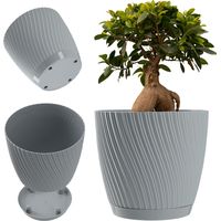 KADAX Pot de fleurs avec soucoupe - En forme de vague en trois dimensions - En plastique - Pot décoratif pour fleurs, cactus et herbes (23 cm, gris)