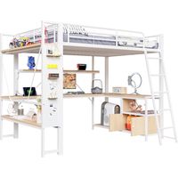 Letto A Soppalco 140 x 200 Cm Con LED, USB, Scrivania, Spazio Di Archiviazione E Scaffali, Senza Materasso, In Metallo, Bianco