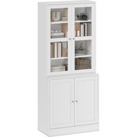 Modern Bookcase with Glass Doors, Display Storage Cabinet with Adjustable Shelves for Living Room, Study, Home Office, Kitchen Cupboard with Small Open Counter, White