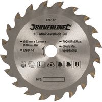 Silverline – Lame de scie circulaire TCT 85 mm – Alésage 10 mm – 20 dents pour coupes précises dans bois dur et composite