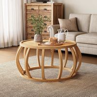 Couchtisch aus Massivholz, 80 cm Rund Wohnzimmertisch mit Gebogenem Rahmensockel für Wohnzimmer, Home Office, Industrie-Design, Natürlich