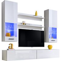Extreme Furniture, Système mural Fly, (LxHxP): 200 x 195 x 41.5, Carcasse en Blanc Mat, Façades en Blanc Brillant, LED Multicolores avec télécommande