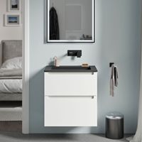 BERNSTEIN - Mueble lavabo suspendido MDF blanco mate, lavabo fundición negro mate sin orificio grifería, cajone giratorio 60x46x62cm VIREO blanco mate, Negro mate sin orificio para grifería