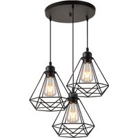 Axhup – Lustre suspension 3 lumières en fer noir – Abat-jour Ø20cm – Douille E27 – Longueur câble 100cm réglable