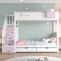 Etagenbett 90 x 200 cm - Hasen- und Karottenmotiv - Etagenbett für 2 Kinder - Geschwisterbett mit 2 Schubladen und Stauraum - Treppe - Matratze nicht enthalten (weiß + rosa)