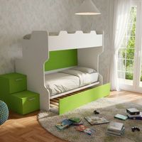 Letto a castello salvaspazio con scala a cassettoni e camminatoio - Bianco e Verde Mela