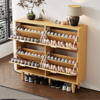 Mueble para zapatos de madera con 4 cajones abatibles, de ratán con tiradores de metal y patas de madera maciza, roble claro
