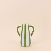 Vase céramique rayé blanc, vert avec anse, H18cm