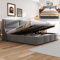 Cama matrimoniales 140x190 cm con almacenamiento, cama para adultos, cama tapizada, con cabecero y somier de láminas, estilo contemporáneo, tela de terciopelo, gris