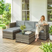 Ensemble de jardin extérieur en rotin 5 pièces avec coussins, 2 fauteuils d'angle, 1 chaise sans accoudoirs, repose-pieds et table