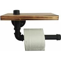 Porte-rouleau en Papier Toilette Design Rétro Métal Tube Étagère Ensemble de Rangement avec Plateau en bois Noir