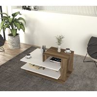 Mesa de centro bicolor en blanco y nogal con almacenaje, 84,8x43,6x60 cm, para salón u oficina contemporánea