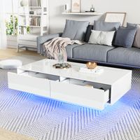 Table Basse Blanche Laquée avec LED et 2 Tiroirs, Table de Salon Moderne Rectangulaire 115x55x34 cm pour Séjour