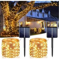 Set aus 2 solarbetriebenen Außengirlanden, 12 m, 100 LEDs, wetterfest IP65, Kupferdraht, mit 8 Modi für Weihnachten.