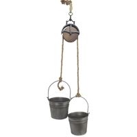 Metalleimer mit Umlenkrolle Deko Set Silber Grau MB27 Seil Dekoration Pflanztopf Pflanzen Blumentopf Kübel Seilwinde Wassereimer