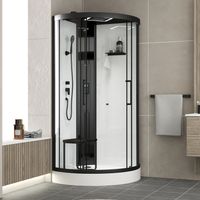 Aurlane – Cabine de douche 1/4 de cercle 95x95x218 cm – Hammam, jets hydromassants, LED, Bluetooth, portes coulissantes, design noir