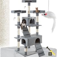 Arbre à chat sisal et bois MDF 170 cm avec cabanes plateformes gris