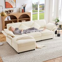 Ecksofa Chenille Beige 218x156,5x86 cm mit Hocker, 4 Kissen und verstellbaren Armlehnen