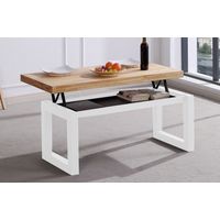 Pegane – Table basse relevable en bois chêne sauvage – Pieds métal blanc – Dimensions 120x60x47 cm – Espace de rangement optimal