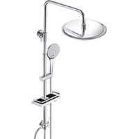 JOHO – Colonne de douche sans robinetterie chromée – Tête pluie ronde Ø20 cm – Idéale pour rénovation – Tablette intégrée – Douchette multi-jets – Barre réglable en acier inoxydable