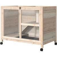 Jaula para Conejos 2 Niveles con Ruedas Techo Abatible Madera Natural 91,5x53,3x73 cm