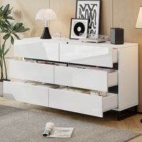 Sideboard 140 x 39,5 x 78,5 cm, 6 Schubladen, hochglänzende Spanplatte, weiß + schwarz