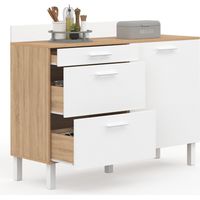 Küchenbuffet 120 cm Frontauszug CINA Arbeitsplatte H.83 cm 1 Tür + 3 Schubladen in Buchenholzoptik und Weiß