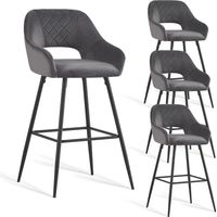 AINPECCA 4pcs Grey Bar Stool Velvet Seat w/Backrest &Armrest Metal Leg Kitchen Breakfast
