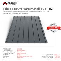 Bravo The Smart Solution – Tôle bac acier toiture – Plaque H12 – Coloris gris anthracite RAL 7016 – Longueur 2000mm – Largeur 906mm – Épaisseur 0.4mm – Garantie 10 ans