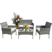 Relaxdays conjunto jardín para 4, 4 piezas, efecto ratán, sofá 2 pl., 2 sillones, mesa de cristal, exterior, gris