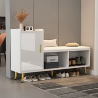 Zapatero blanco brillante con almacenamiento, asiento tapizado, para entrada, pasillo, salón, dormitorio