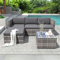 Polyrattan Lounge-Sofagarnitur, Lounge-Gartenmöbel, Ecksofa, Couchgarnitur mit Sitz- und Rückenkissen, Lounge-Tisch mit Glasplatte, Grau