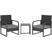 Salotto da Giardino in Rattan con 2 Poltrone da Esterno e Tavolino con Piano in Vetro, Nero