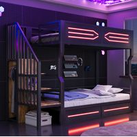 Letto a soppalco in metallo nero 90x200 cm con illuminazione a LED, scaletta contenitore e armadio integrato.