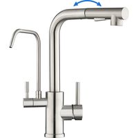 Rovogo – Mitigeur d'évier de cuisine 3 voies – Eau filtrée, acier inoxydable 304 brossé – Douchette extractible 2 modes, rotation 360°